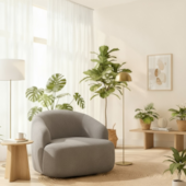 Poltrona Orgânica Luxo Recepção Lótus Linho Cinza Claro