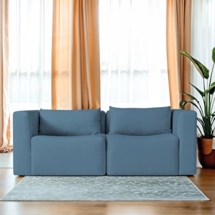Sofá 2 Lugares Billy 150cm Orgânico Luxo Recepção Linho Azul Royal
