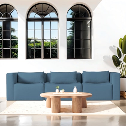 Sofá 3 Lugares Billy 180cm Orgânico Luxo Recepção Linho Azul Royal