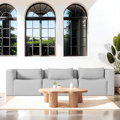Sofá 3 Lugares Billy 210cm Orgânico Luxo Recepção Linho Cinza Claro