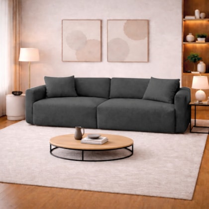Sofá 3 Lugares Velaris 200cm Sala de Estar Luxo Recepção Conforto Escritório Linho Cinza Escuro