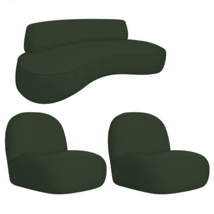 Sofá Curvo 120cm 2 Lugares e 2 Poltronas Orgânico Escritório Recepção Sala Amsterdã Linho Verde - Amarena Móveis