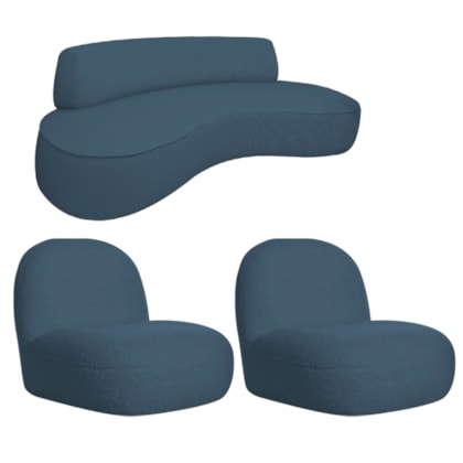 Sofá Curvo 140cm 2 Lugares e 2 Poltrona Amsterdã Linho Azul Royal