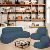 Sofá Curvo 140cm 2 Lugares e 2 Poltrona Amsterdã Linho Azul Royal