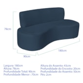 Sofá Curvo 3 Lugares Amsterdã 180cm Suede Azul Marinho