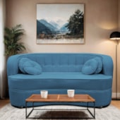 Sofá Curvo 3 Lugares Orgânico Sala Recepção Escritório Decorativo Luxo Panamá 200cm Linho Azul Royal
