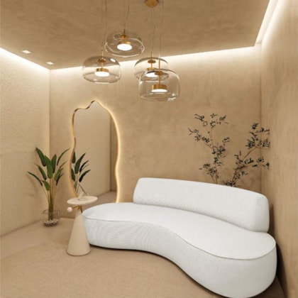 Sofá Curvo Sala de Estar Recepção Consultório Amsterdã 220cm Bouclé Branco