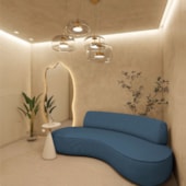 Sofá Curvo Sala de Estar Recepção Consultório Amsterdã 220cm Linho Azul Royal